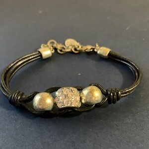 Black Leather Bracelet with Gold Beads and Crystal Accent